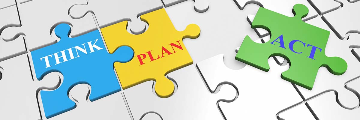 puzzle pieces with the words think plan act