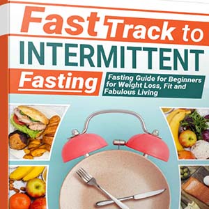 book cover with book title and 4 images of healthy foods and an alarm clock with a fork and knife