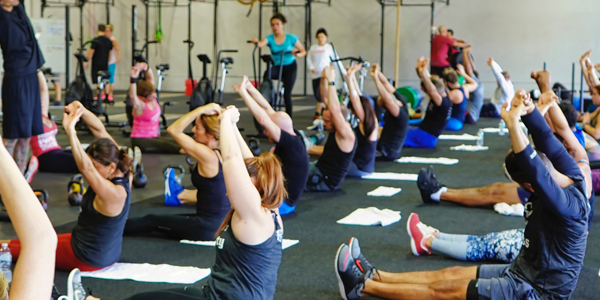 group yoga class stretching